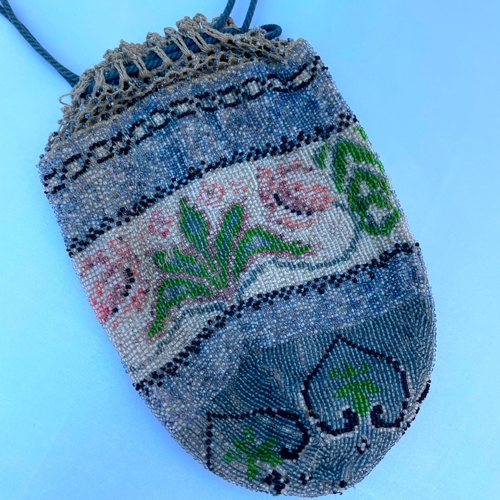 antique Victorian, micro beaded floral drawstring purse